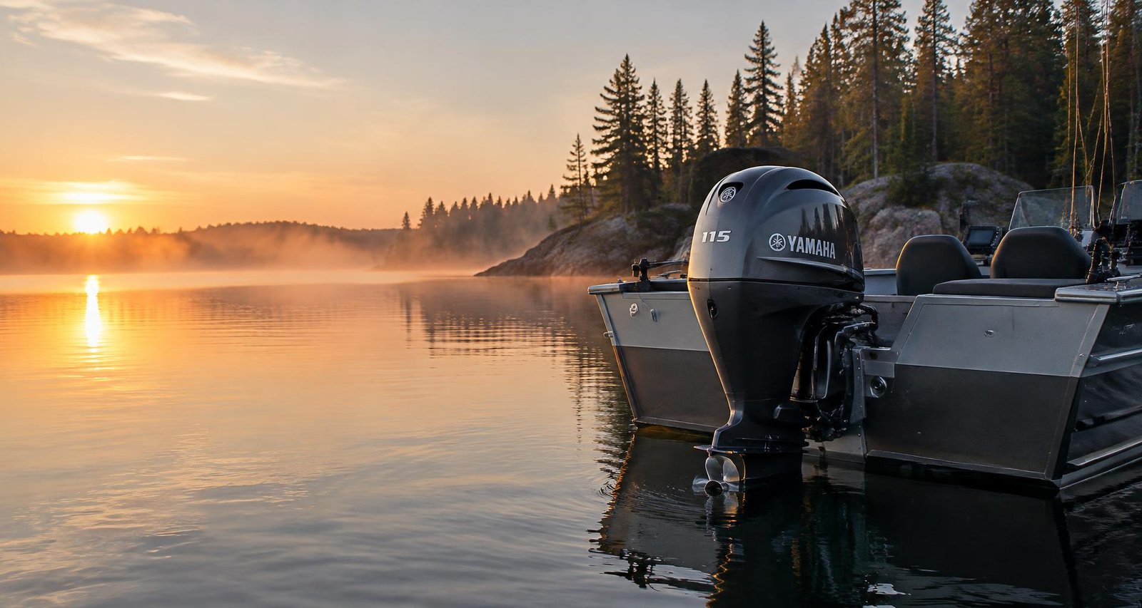 Outboard motor on an aluminum fishing boat on a Canadian lake at sunrise
